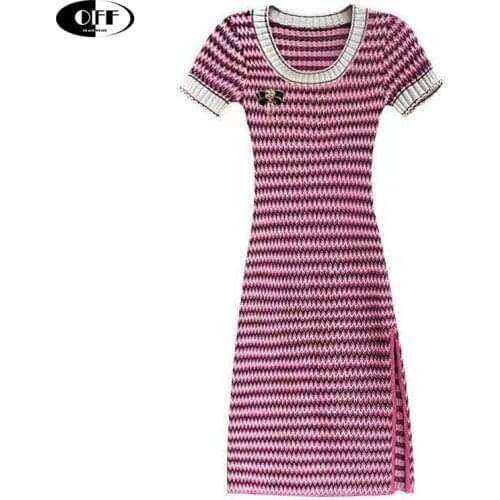 Designer Fashion Chic Bodycon Mini Dresses For Women Vintage Striped Pink O-neck Sexy High Street Knitted Slinky Short Dress ZA