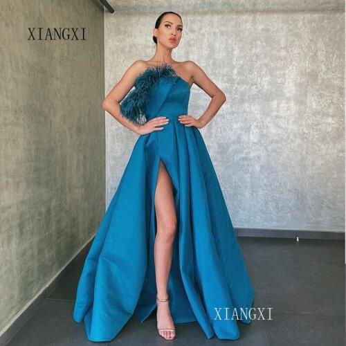 Elegant Blue Evening Dress 2020 Satin A-Line One Shoulder High Split Long Evening Dresses Formal Gowns Vestidos de festa