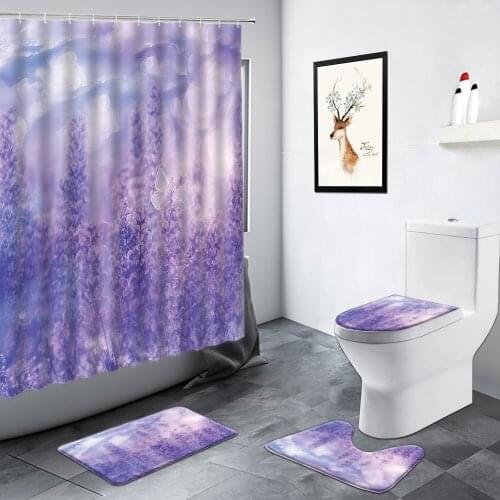 Purple Lavender Flowers Shower Curtain Tulip Butterfly Floral Plant Scenery Bathroom Decor WC Rugs Non-slip Mat Toilet Mats Sets