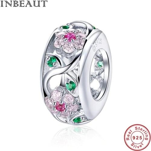 INBEAUT 925 Sterling Silver Pink Cubic Zirconia Spring Cherry Blossom Beads Wintersweet Club Plum Charm fit Brand Bracelet