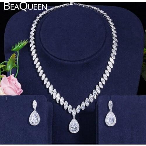 BeaQueen Classic Water Drop Stones Paved Cubic Zirconia Wedding Earrings Necklace Bridal Jewelry Sets Costume Jewellery JS023