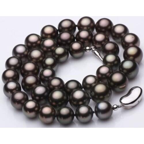 HUGE 18"11-12MM NATURAL freshwater genuine black round pearl necklace 925silver