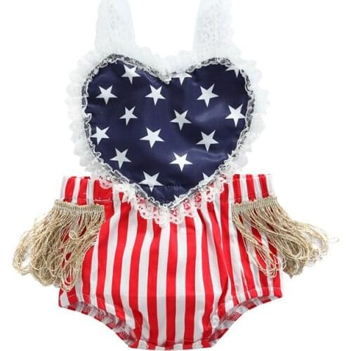 Newest Independence Day Baby Girls Romper, Summer Infant Star Stripe Printing Heart Lace Splicing Sleeveless Suspender Jumpsuit