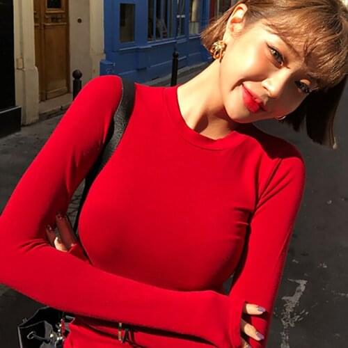 Korean version of the spring and autumn fashion womens bottoming shirt, long sleeve O-neck top, womens tight T-shirt