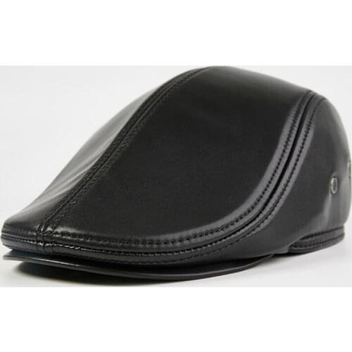 Genuine Leather Visor Hat Male Sheepskin Fashion Worker Cap Middle Age Old Man Dad Warm Autumn Winter Ear Protection Hats H260