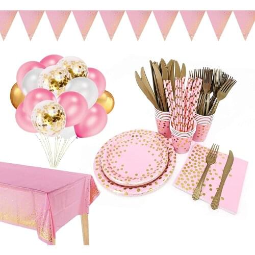 Pink Gold Party Supplies Set Golden Dot Disposable Dinnerware Paper Plates Tableware for Graduation Birthday Cocktail Wedding