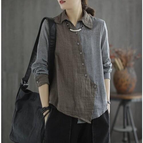 New Retro Literary Cotton and Linen Shirt Diagonal Long-sleeved All-match Stitching Plaid Shirt Casual Top For Women Blusa y065