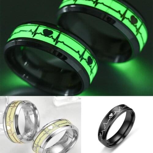 Glow in The Dark Heart Rate Electrocardiogram Stainless Steel Couple Finger Ring Women Men Christmas gifts pierscionek dla par