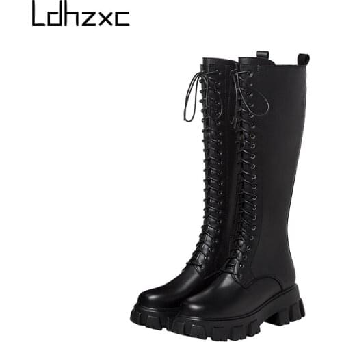 LDHZXC Fashion Women Knee High Boots Metal Decoration Genuine Leather Thick Heels Boots Boots Side Zipper Party Shoes Woman
