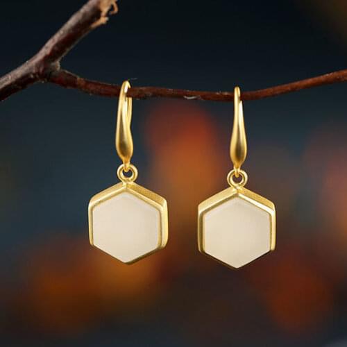 Natural Hetian Jade White Jade Hexagonal Earrings S925 Sterling Silver Inlaid Ancient Gold Geometric Earrings Earrings