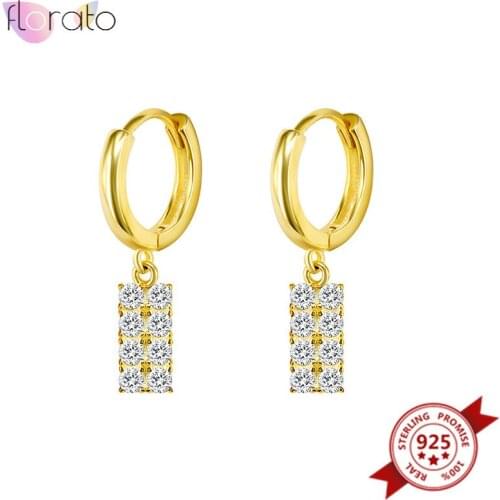 925 Sterling Silver Ear Buckle Geometric Earrings for Women Crystal Rectangle Hanging Hoop Earrings Fashion Korean Jewelry