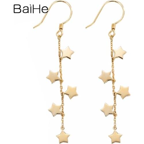BAIHE Solid 18K Yellow Gold Wedding Engagement Gift Trendy Fine Jewelry beautiful Star long Earrings for Women Ear Hook Cерьги