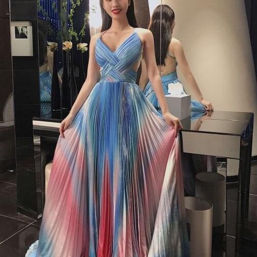 A Line Pretty Spaghetti Strap Backless Prom Dresses Long Summer Sleeveless Evening Dresses Women V Neck Coloful Pleated Gown