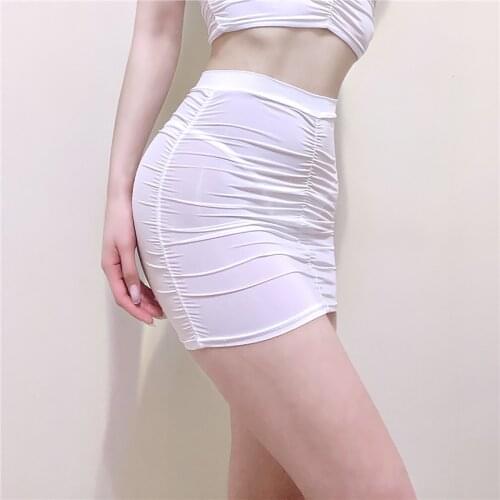 Fashion Women Skirt Slim Mid Waist Stretchy Shirring Miniskirt Ladies Summer Elastic Waistband Ruched Skirt for Party Nightclub