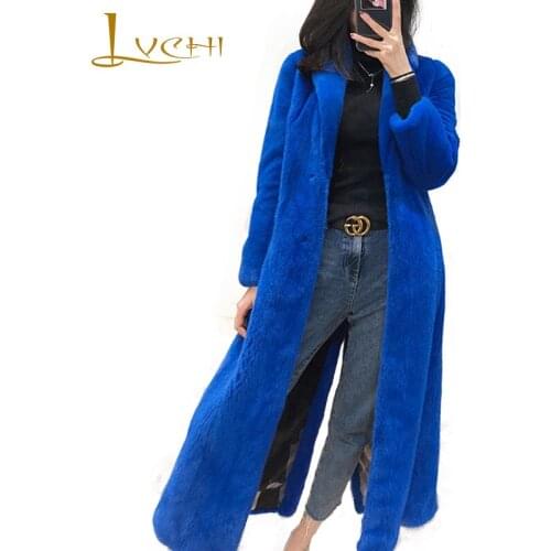 LVCHI Winter2017 Velvet Real Mink Coat Womens Long Sleeve Coat Electric light blue Slim Split ends Causal X-Long Mink Fur Coats