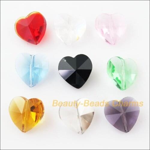 10Pcs Mixed Heart Faceted Glass Crystal Rondelle Spacer Beads Charms 14mm