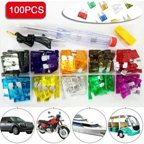 100Pcs Blade Fuse Car Vehicle 2-35A Zinc Blade Auto Fuse Middle Size Assorted Kits Box Fuse Puller Car Tester Pen Car Insurance