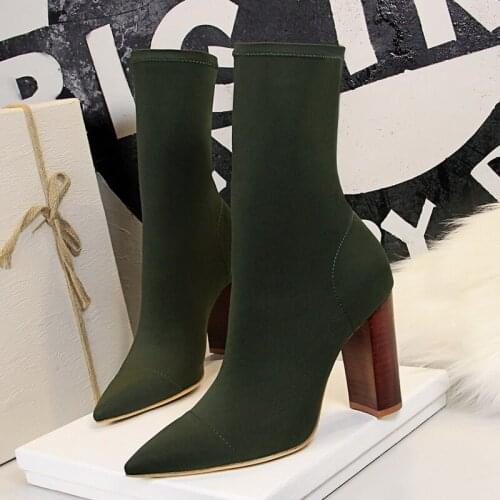 2021 Winter Fashion Women Beige Green Heels Sock Boots Sexy 9.5cm Block High Heels Elastic Silk Ankle Boots Big Size Party Shoes
