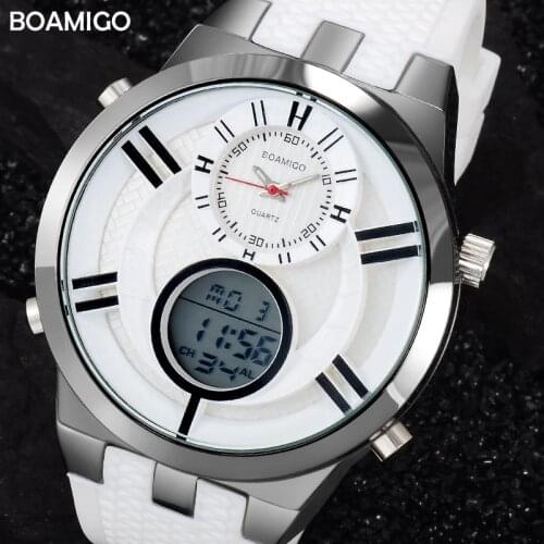 Men Sports Watches BOAMIGO Brand Quartz Watch Analog Digital LED Electronic Clock Rubber Strap Yellow Wristwatches Reloj Hombre