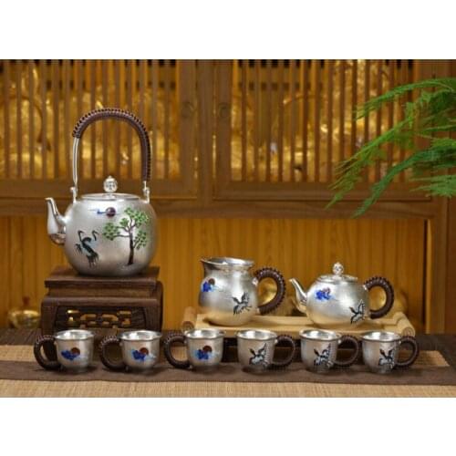 Silver pot 999 sterling silver handmade tea set Japanese retro teapot kettle home tea ceremony Kungfu tea set 800ml