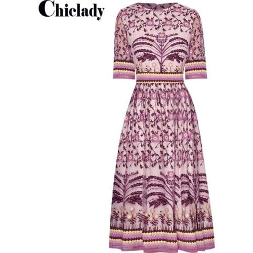 CHICLADY runway designer purple midi dress high waist embroidery A-line high quality O-neck short sleeve summer female dresses