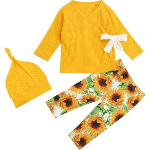 2021 0-18M Sweet Infant Girl Clothes Set Bow Bandage V Neck Yellow Solid Long Sleeve Top+Sunflower Pants+Hat Autumn 3pcs