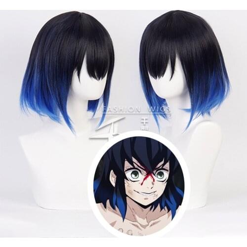 Hashibira Inosuke Short Blue Ombre Wig Demon Slayer Kimetsu no Yaiba Heat Resistant Hair Cosplay Costume Wigs + Free Wig Cap