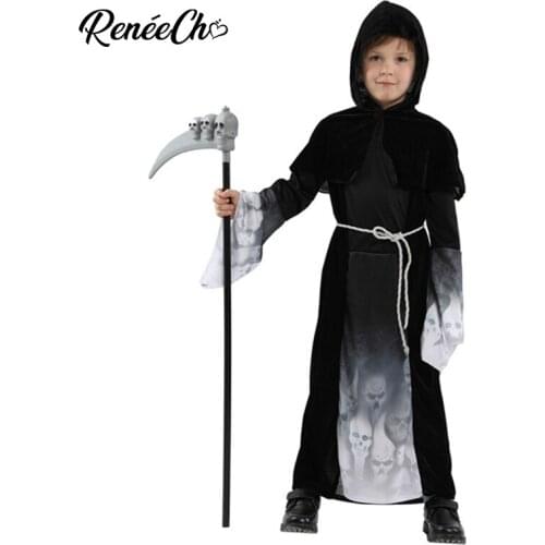 Reneecho Grim Reaper Child Costume Boys Skeleton Cosplay Halloween Costume For Kids Hooded Robe And Belt Set For 4-12 Years Old