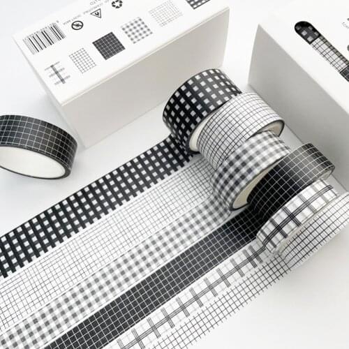 6Rolls/Set 5m Masking Tape Vintage Black Washi Tape Grid Stripe Decorative Adhesive Tape DIY Scrapbooking Diary Stationery Tapes