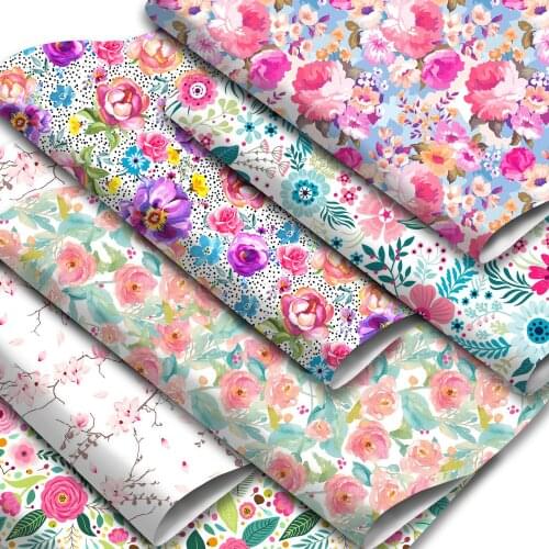 Floral Theme Synthetic Leather Fabric Flowers Printed Lychee Faux Leather Sheets 20x33cm for DIY Earrings Hair Bows Crafts