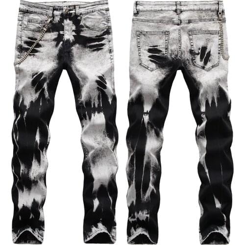 2021 Men’s Street Fashion Snow Washed Denim Pants,Slim-fit Elastic Retro Jeans,Contrast Color&Chain Decors,Youth Fashion Must