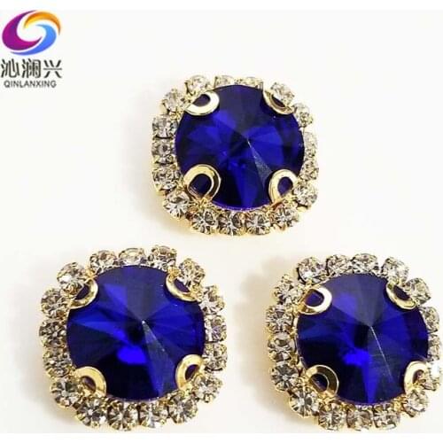 Royalblue Round shape top glass crystal rhinestones with hole,golden bottom sew on stone for Diy Clothing accessories
