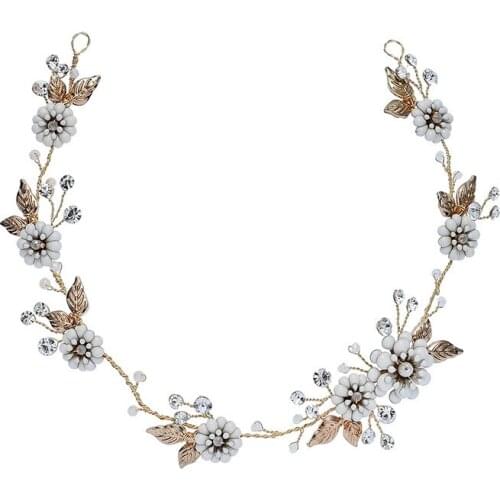 Delicate Gold Leaf Bridal Hair Vine Crown Handmade White Flower Headband Wedding Headpiece Women Hair Jewelry