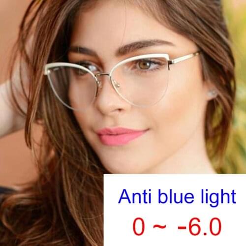 Myopia Blue Light Blocking Women' s Clear Glasses Fashion Designer White Cat Eye Computer Short Sight Eyeglasses with Diopter -1