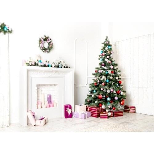 Christmas indoor wall white theme Christmas tree Christmas gift holiday photo background photo background