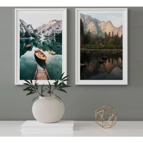 Scandinavian Nature Landscape Poster Nordic Style Print Mountain Lake Boat Wall Art Picture Painting Modern Living Room Decor