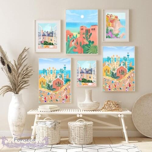 Spain Barcelona Vintage Illustration Style Poster Canary Islands Travel Landscape Pictures Wall Art Printed Canvas Painting