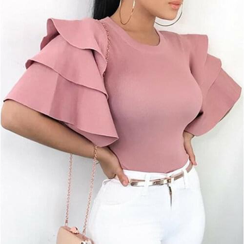 Women T Shirt Solid Color O Neck Short Ruffles Sleeve T Shirt Sexy Ladies Evening Party Clubwear Femme Casual Summer Clothes