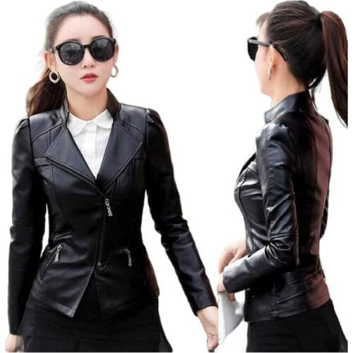 Womens Leather Jacket Slim-Fit Leather Outwear Fashion Stand-Up Collar Short OL Office PU Leather Coats S-3XL