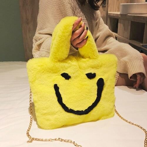 Women Autumn Winter Plush Smiley Face Bags & Shoulder Bags Covered Buttons Cute Soft Ladies Chain Bag with Shoulder Strap A2-22