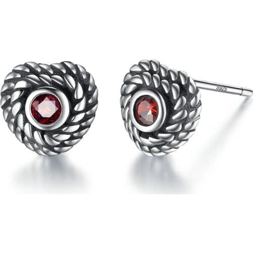 2019 Rope Winding Heart 925 Sterling Silver Oxidation Vintage Wire Red Zirconia Gothic Stud Earrings Woman Fine Jewelry VSE005