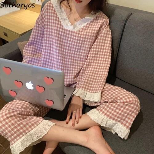 Pajama Sets Long Sleeve V-neck Women Autumn Plaid Lace Pleated Kawaii Korean Style Homewear Womens Stylish Elegant Simple New