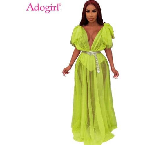 Adogirl Fluorescent Green Sheer Mesh Maxi Dress Ruffle Shoulder Sexy V Neck Robe Long Night Club Party Dresses Fashion Clothing