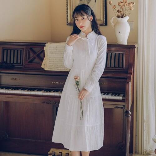 Autumn New Arrival Stand Collar Long Sleeve White Dress Women Color A Line Vintage Vestidos Dresses Korean Style Single Breasted
