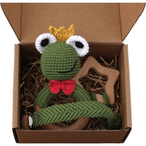 3 Pcs/Set Baby Pacifier Chain Clip Crochet Frog Rattle Beech Teether Soother Molar Comfort Toys Wooden Teething Ring