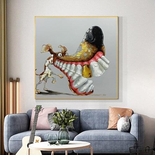 Free Shipping Hand Painted Thick Texture Canvas Cartoon Oil Painting Pet Dog Poster For Kids Room Bedroom Bar Decoration Unframe