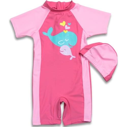 1-12 Y Girls Rash Guards Kids One Piece Swimsuit with Swim Cap Pink Patchwork Children Short Sleeve Surfing Suit Baby Swimwear