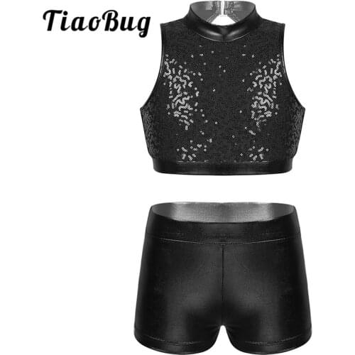 TiaoBug Kids Girls Tankini Dancewear Sequins Metallic Crop Top with Ballet Gymnastics Shorts Set Stage Performance Dance Costume