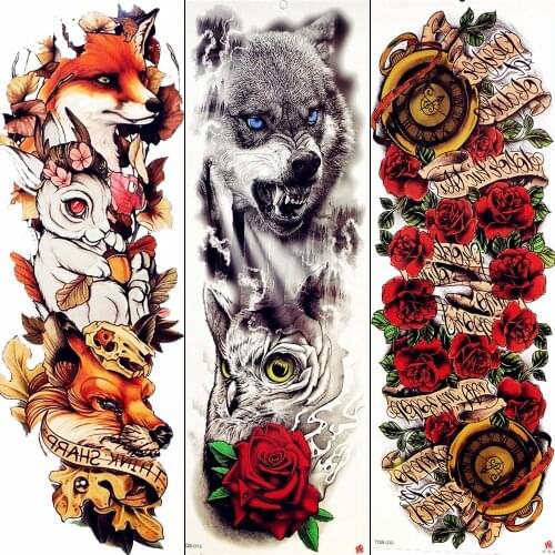 Arm Sleeve Temorary Tattoo Wolf Long Watercolor Animal Tatoos Men Boys Legs Full Arm Water Transfer Tattoo Women Forest Feral