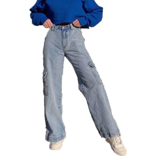 Autumn Women Jean Overalls Casual Loose Mid Waist Wide Leg Jeans Women Fashion Big Pockets Straight Denim Cargo Pants Pantalones